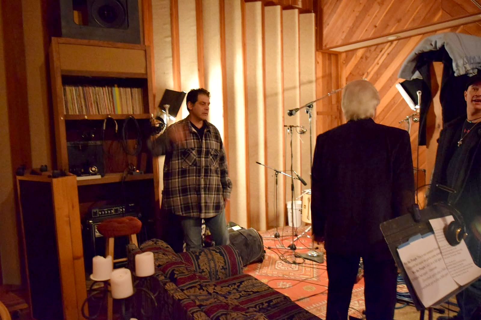 Musicians tracking live in the cedar-lined live room at City Lights Recording Studio